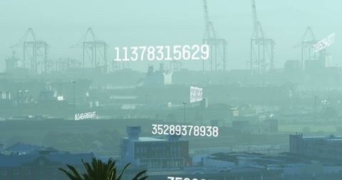 City Skyline with Digital Numbers Overlay in Foggy Atmosphere - Download Free Stock Images Pikwizard.com