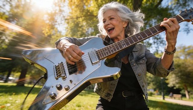Strumming silver electric guitar, joyful senior woman performing outdoors in sunlit park