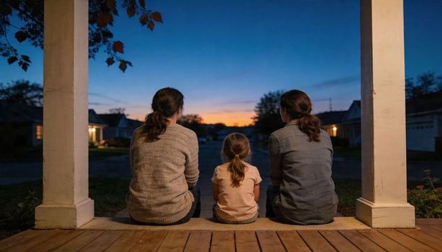 Evening porch family watching sunset on quiet suburban street