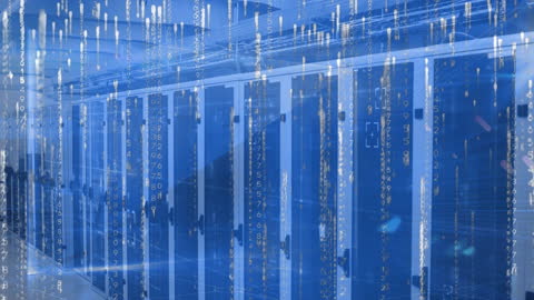 Digital Binary Code Overlay on Server Room Technology
