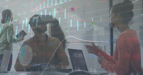 Virtual Reality in Team Analyzing Digital Data in Modern Office