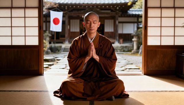 Japanese zen monk meditating on tatami at temple doorway with shoji and garden light