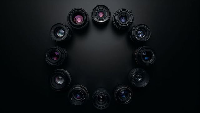 Circular arrangement of camera lenses on matte black surface with colored reflections