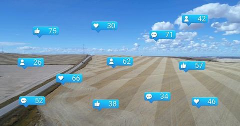 Drone surveying farmland displaying social media engagement bubbles and campaign analytics