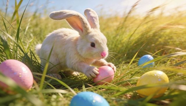 Cream bunny nibbling pastel easter egg in sunlit meadow with glitter blue and yellow eggs