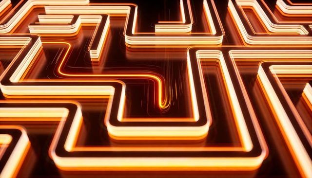 Glowing Neon Maze Network with Tubular Light Paths, Motion Streaks and Futuristic Grid