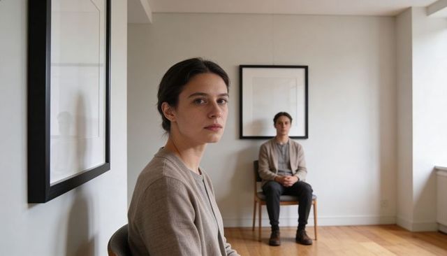 Woman sitting in foreground while partner sits in minimalist sunlit room with neutral tones