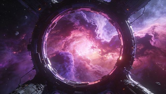 Framing circular observation port revealing violet nebula through spacecraft hull