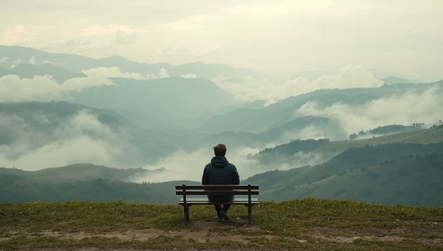 Solitary man sitting on bench gazing over misty mountain ridges at tranquil sunrise