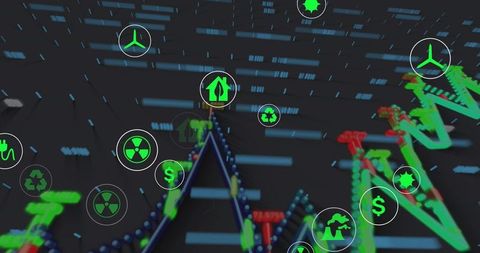 3d network dashboard showing floating energy and finance icons over grid visualization