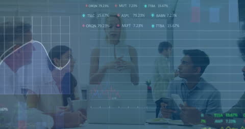 Business Team Discussing Amid Stock Market Animation
