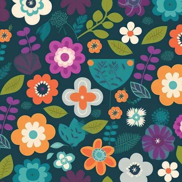This image depicts a bright and colorful floral seamless pattern filled with various flowers and leaves in vibrant hues against a dark background. Ideal for use in textile design, wallpaper backgrounds, digital scrapbooking, and various decor projects. Also suitable for branding, packaging, and product design to add a cheerful, lively touch.