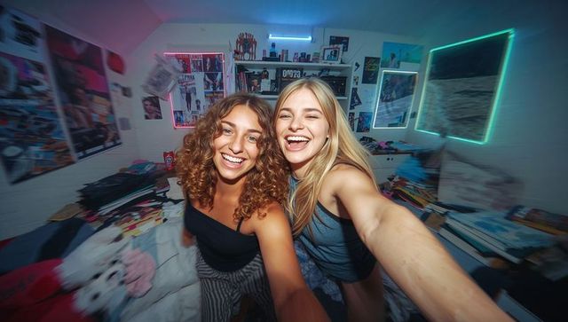 Two Female Students Smiling in Neon Lit Dorm with Posters