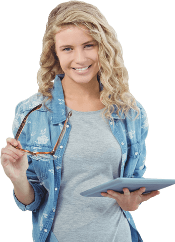 Smiling Woman Holding Tablet and Eyeglasses with Transparent Background