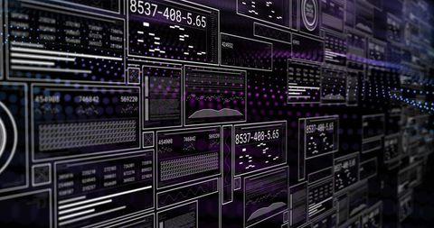 Futuristic holographic data dashboard displaying floating ui panels and neon data visualization