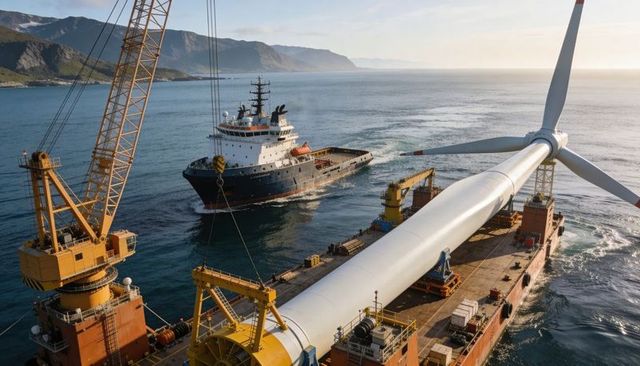 Offshore heavy lift transporting giant wind turbine blade on crane barge in coastal waters