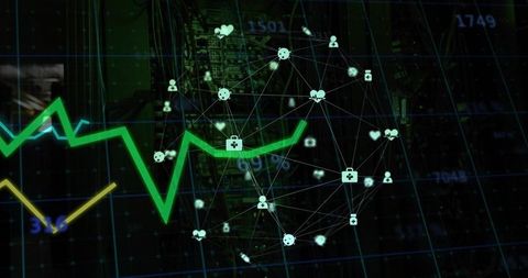 Neon Healthcare Data Network Visualization with Green Trend Line and Circuit Grid