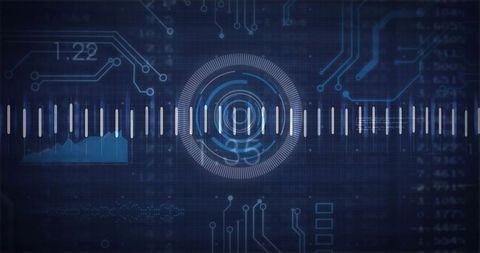 Futuristic HUD Circular Reticle Scanning Dashboard with Digital Waveform and Neon Cyan