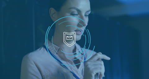 Businesswoman Analyzing Network Data with Security Icon Overlay