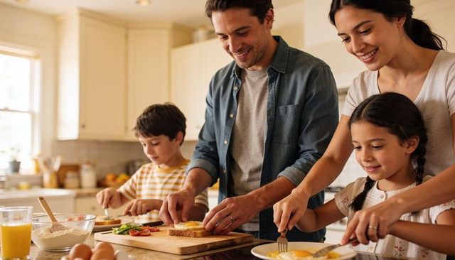 Parents and children preparing breakfast together on kitchen island, healthy morning routine