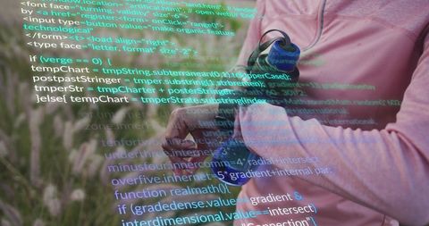 African American Woman Jogger Interacting with Smartwatch in Digital Overlay