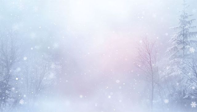 Falling snowflakes blanketing misty winter forest clearing in pastel light