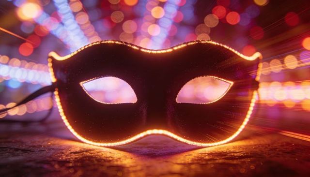 Radiating venetian masquerade mask with led edge and neon bokeh lights