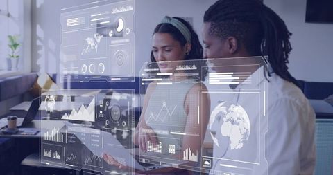 Tech Team Collaborating with Holographic Data Dashboards in Modern Coworking Office