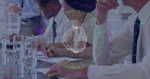 Business team taking notes in boardroom with holographic neural network brain visualization