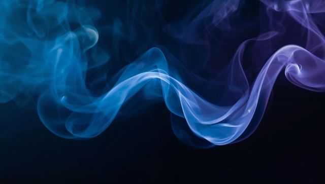 Flowing Cyan-to-Violet Smoke Ribbon Curling Over Black Backdrop, Ethereal Abstract Vapor Wave