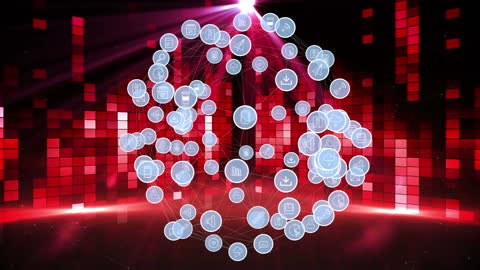 Digital Icons Network Over Futuristic Cityscape