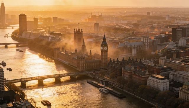 Big ben and houses of parliament glowing over thames at golden hour with westminster bridge