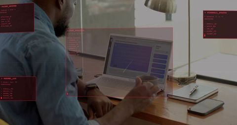 Monitoring cybersecurity hud while working remotely, man using laptop chat interface