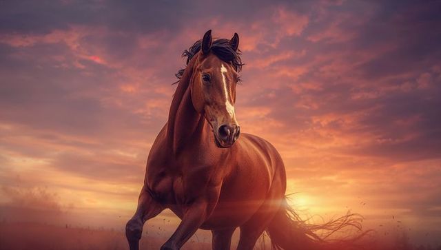 Majestic Chestnut Horse Galloping at Sunset
