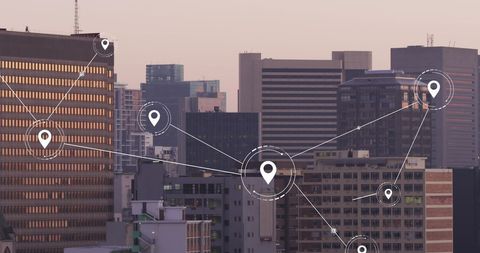 Cityscape with Digital Connections Symbolizing Global Networks