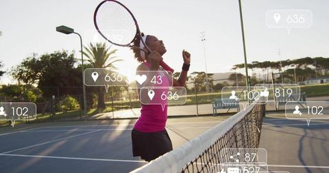 Joyous tennis player celebrating victory on court with social media elements
