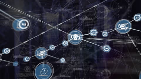 Futuristic Network Connections with Data Icons in a Server Room