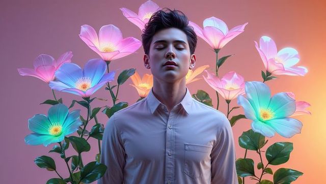 Tranquil Portrait of Man Amidst Glowing Oversized Pastel Flowers