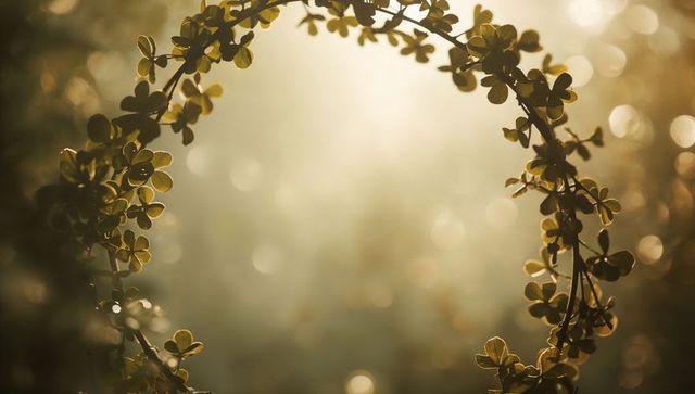 Backlit Vine Wreath Framing Soft Bokeh and Dew Droplets in Golden Light