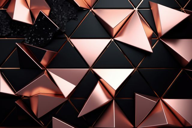 This 3D digital composition features a variety of metallic triangular shapes in copper and black colors, creating a modern and futuristic aesthetic. Perfect for backgrounds in presentations, marketing campaigns, digital artwork, or as a stylish desktop wallpaper.