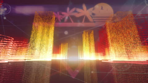 Futuristic Virtual City Multicolor Palm Trees Digital Styling