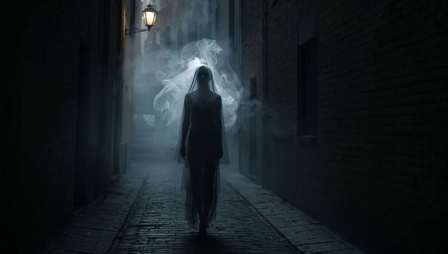 Ethereal Veiled Silhouette Walking Foggy Cobblestone Alley with Lantern Halo at Nightfall