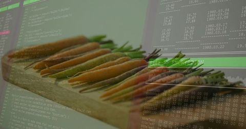 Double exposure baby carrots overlaid with code and data visualization for food tech