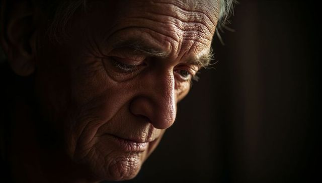 Elderly man reflecting in low light, close-up moody portrait highlighting deep wrinkles