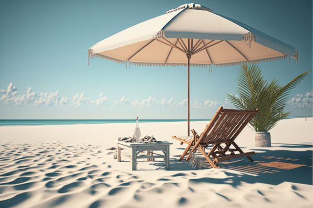 Deckchair, table and parasol on sunny beach, created using generative ai technology. Beach holiday, summer and vacation concept digitally generated image.