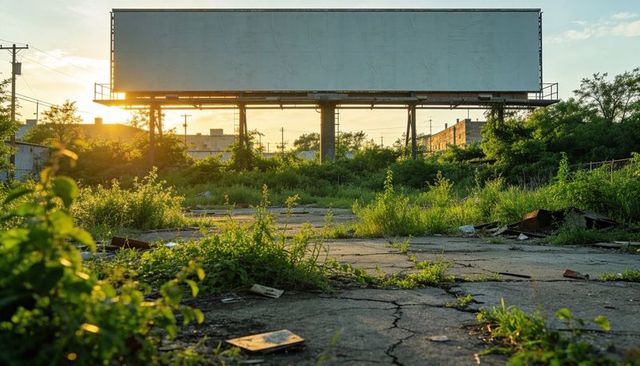 Blank billboard casting light over abandoned urban lot with cracked pavement and overgrowth