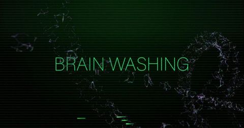 Neon brainwashing concept with green glowing text, neural filaments and glitch ring arc