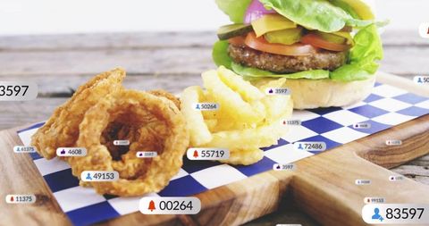 Cheeseburger with fries and onion rings on checkered paper with social media overlays