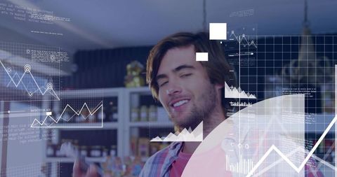 Retail manager checking inventory with smartphone augmented reality data overlays in store