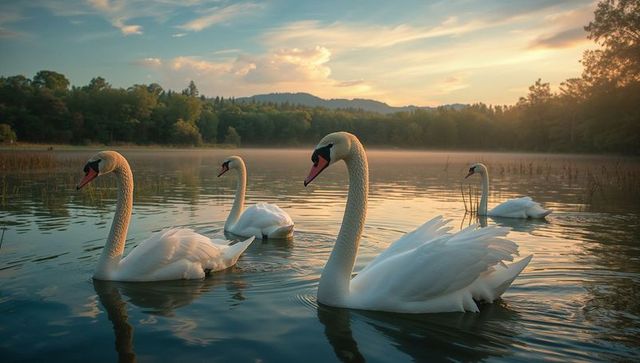 Graceful Swans Gliding on Misty Lake at Sunset